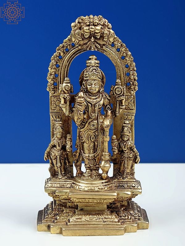 5" Small Brass Idol of Lord Vishnu with Shridevi and Bhudevi