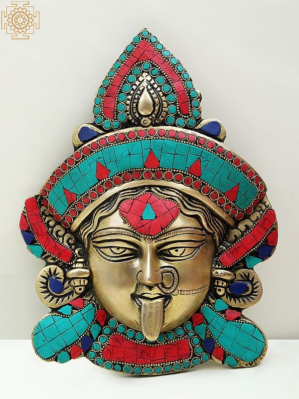 10" Brass Wall Hanging Goddess Kali Face with Inlay Work