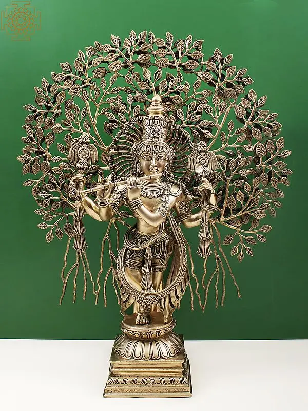 Large Brass Lord Krishna Musical Deity Statue