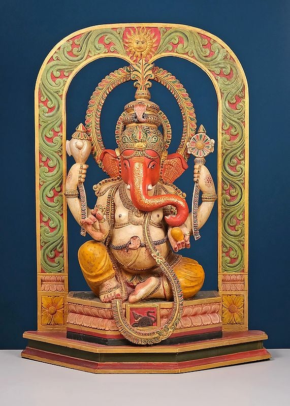 36" Large Wooden Lord Ganesha with Arch