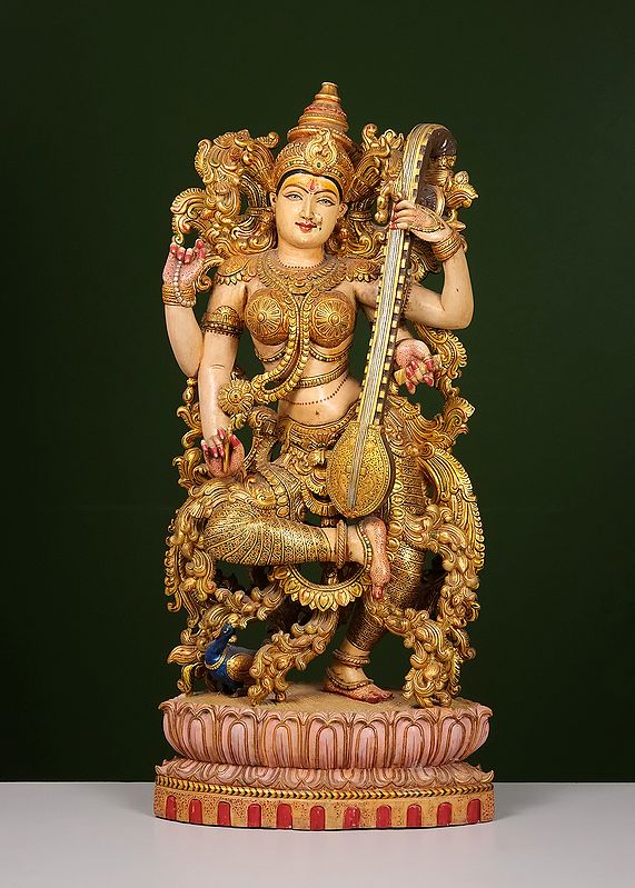 38" Large Wooden Dancing Saraswati
