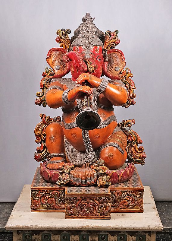 45" Large Wooden Ganesha Playing Shehnai