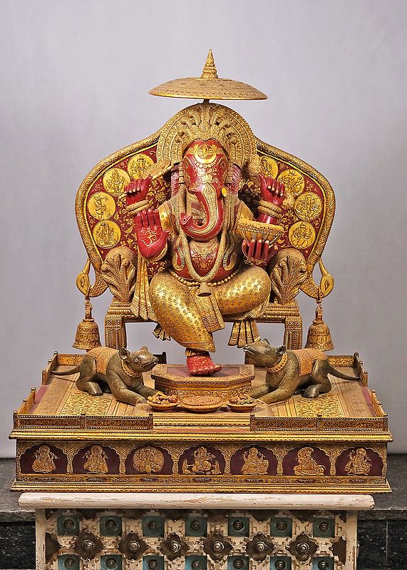 40" Large Wooden King Ganesha