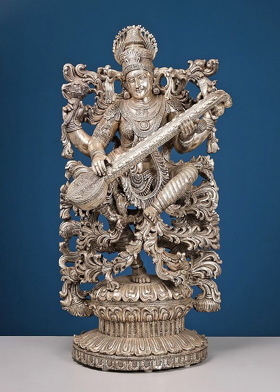 "Nritya-Rata Goddess Saraswati" Large Wooden Dancing Saraswati With Sterling Silver Cladding