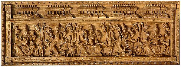 A Rare  Wooden Temple Panel (From the Left - Lakshmi, Shiva Destroying Andhakasura, Seated Parvati, Durga Destroying Mahishasur and Seated Saraswati with Ganas and Attendants)