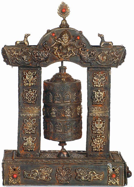 Antiquated Enshrined Prayer Wheel with Eight Auspicious Symbols and Gemstones