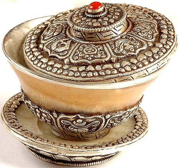 Ashtamangala Agate Ritual Bowl with Lid and Plate Set