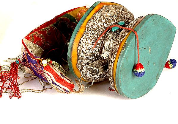 Ashtamangala Ritual Damaru with Silk Tassel and Gemstones