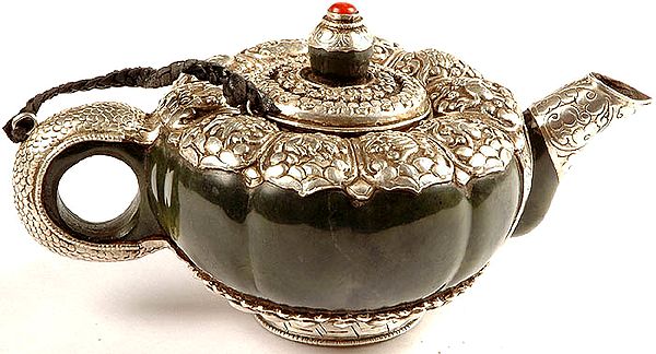 Auspicious Agate Kettle with Tibetan Astrological Symbols and Gemstone