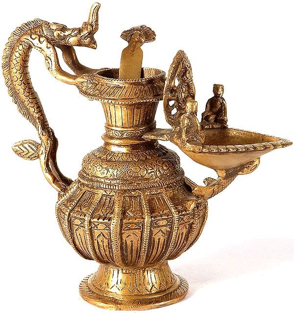 Auspicious Ganesha Lamp, Dragon Handle, Oil Bowl and Peacock Spoon