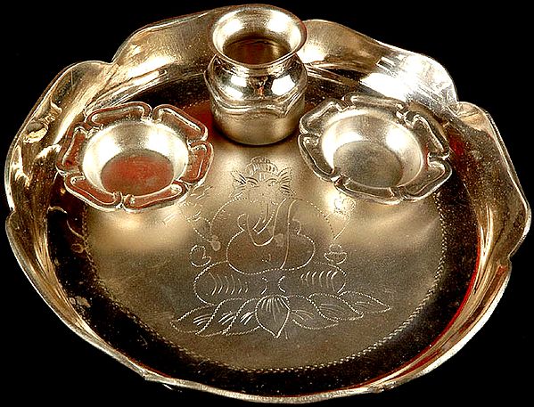 Auspicious Ganesha Puja Thali with Attached Lota and Two Plates