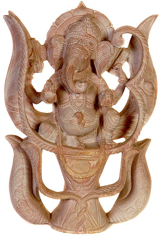 Blessing Ganesha Seated on Damaru with Trident, Om (AUM) and Conch Pair