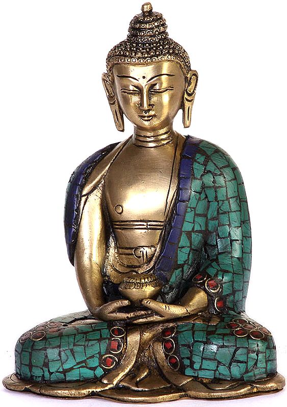6" Buddha Gemstones Statue In Brass | Handmade | Made In India