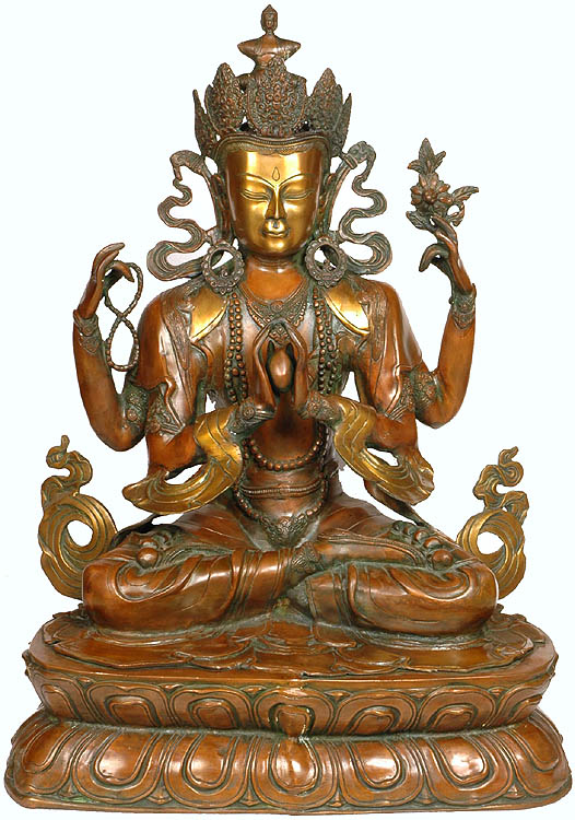 27" Tibetan Buddhist Deity- Large Size Chenrezig (Shadakshari Lokeshvara) In Brass | Handmade | Made In India