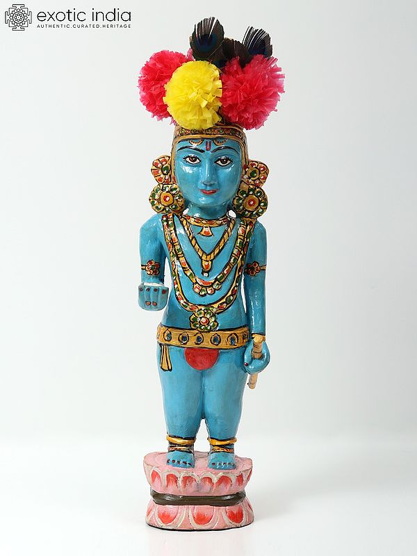 17" Blue Colored Standing Lord Krishna | Mango Wood Statue