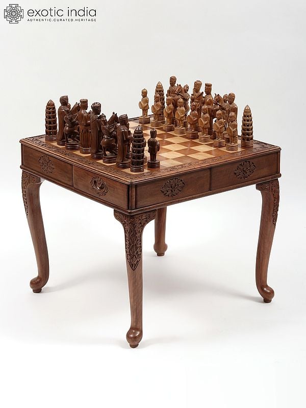 24” Hand Carved Chess Table with Drawers for Viking-style Figures | Walnut Wood | From Kashmir
