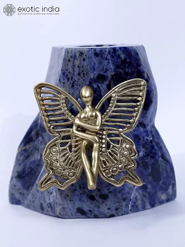 6" Brass Beautiful Angel on Lapis Lazuli Gemstone with Candle Holder