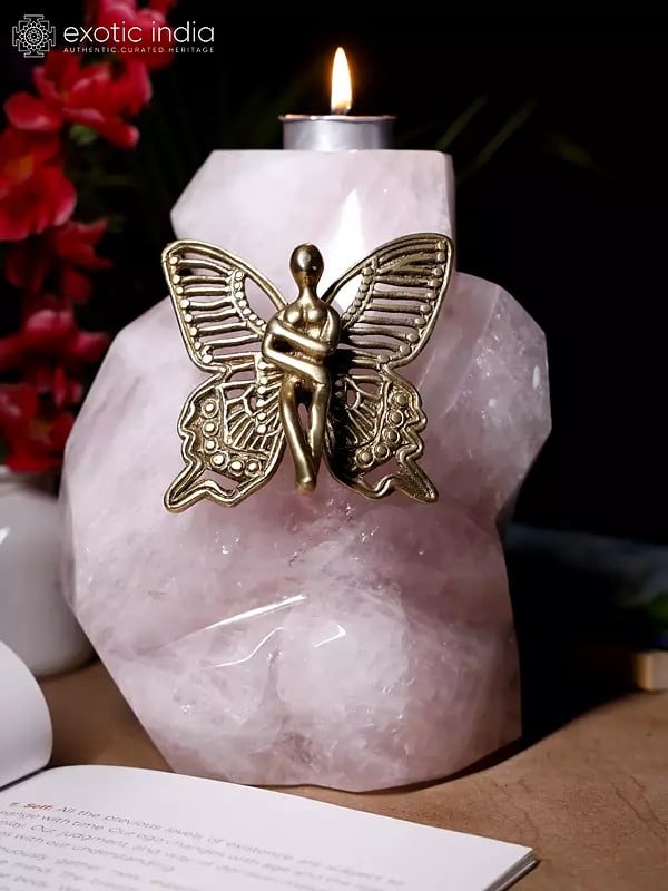 8" Brass Winged Angel on Rose Quartz Gemstone with Candle Holder