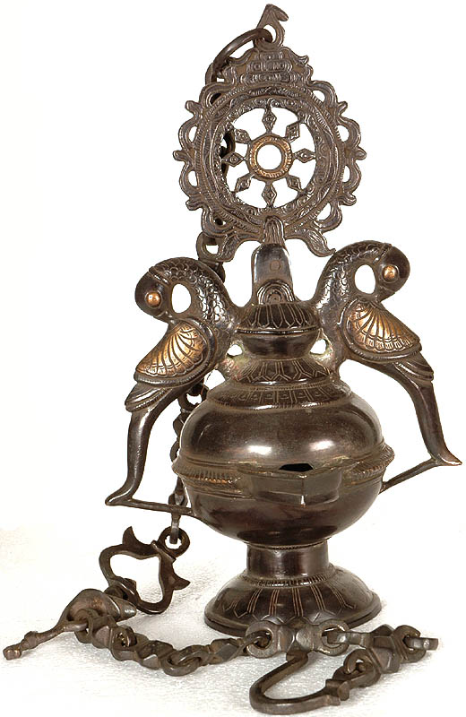 Dharma Chakra Oil Lamp with Peacock Pair