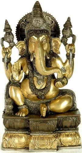 12" Four-Armed Seated Ganesha In Brass | Handmade | Made In India