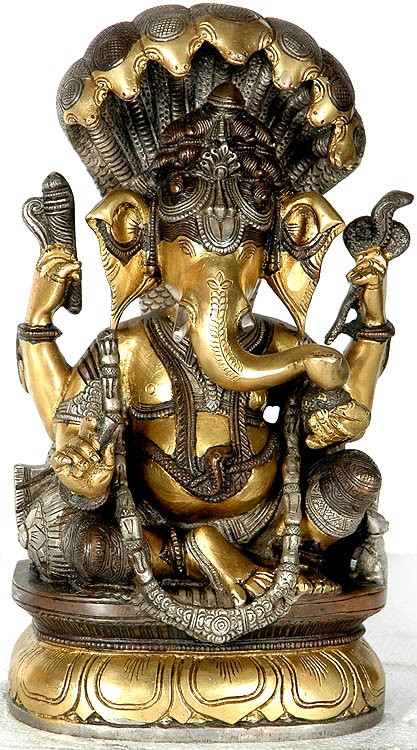 10" Shri Ganesha Seated in Royal Ease Posture Protected by Seven Hooded Serpent In Brass | Handmade | Made In India