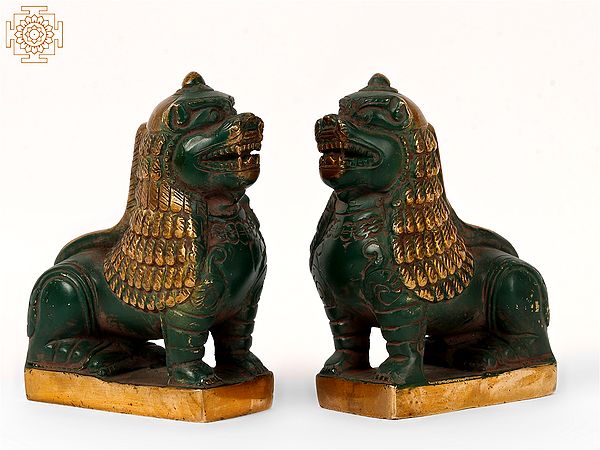 Temple Guardian Lion Pair Figurines | Brass Animal Statues for Home Decor