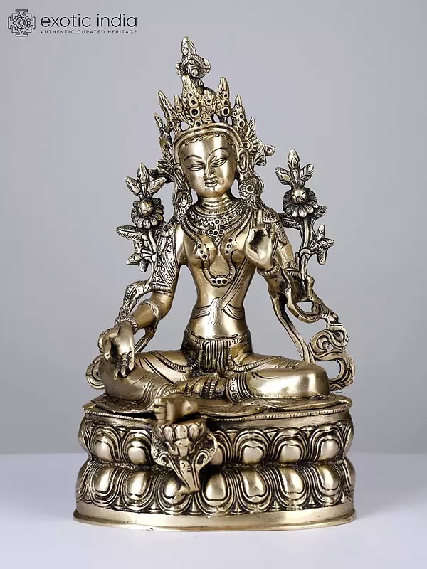 14" Tibetan Buddhist Deity Green Tara Brass Statue | Handmade | Made In India