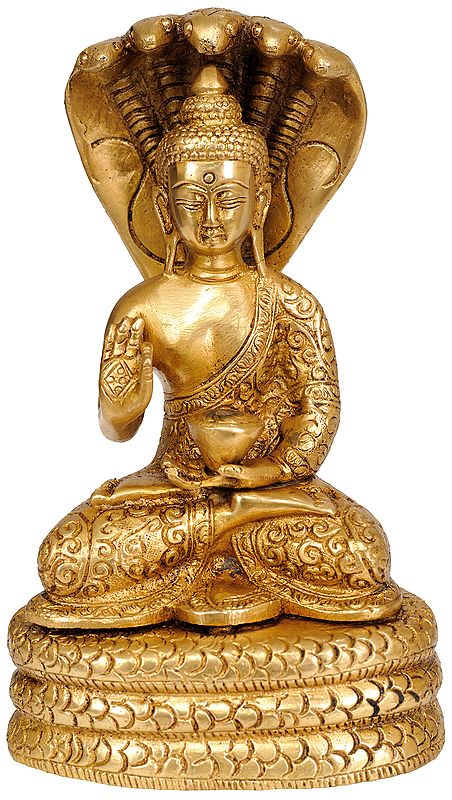 7" Serpent Muchalinda Shelters Lord Buddha Brass Idol | Handmade