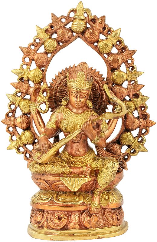 10" Brass Goddess Saraswati Idol with Prabhavali | Handmade Religious Figurine