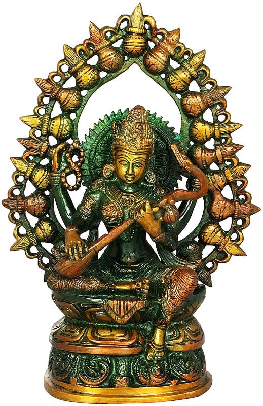 10" Brass Goddess Saraswati Idol with Prabhavali| Handmade Religious Figurine