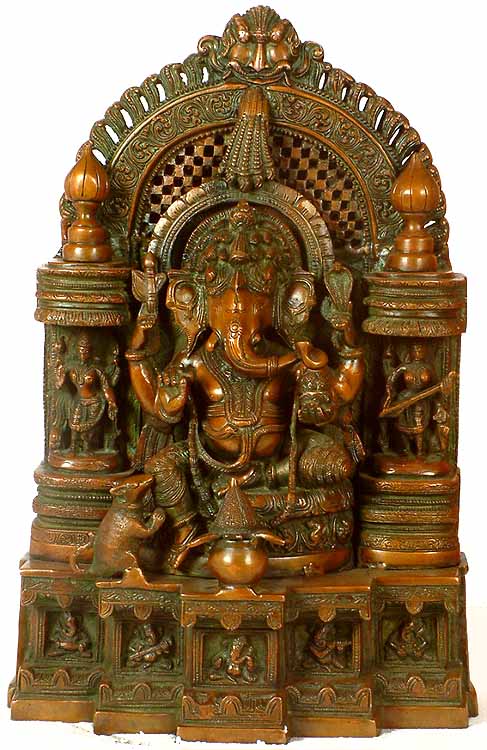 Enthroned Ganesha Flanked by Lakshmi and Saraswati with Pedestal Depicting Aspects of Ganesha as Musician