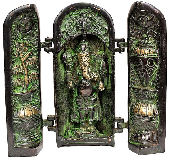 7" Ganesha Folding Portable Temple | Handmade Brass Statue | Made in India