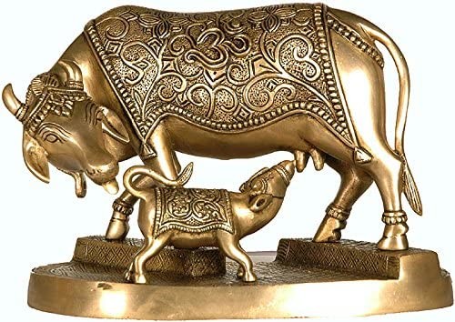 8" Cow - Hinduism's Most Sacred Animal Licks Off the Dirt from Her Calf In Brass | Handmade | Made In India