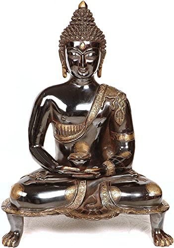 20" Black Buddha in Dhyana Mudra - (Robes Decorated with Scenes from the Life of Buddha) In Brass | Handmade | Made In India