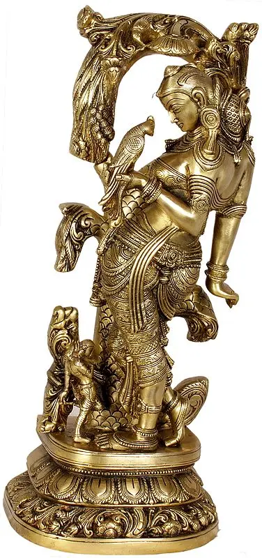 17" Brass Celestial Nymph Idol with Parrot Passing Message | Handmade