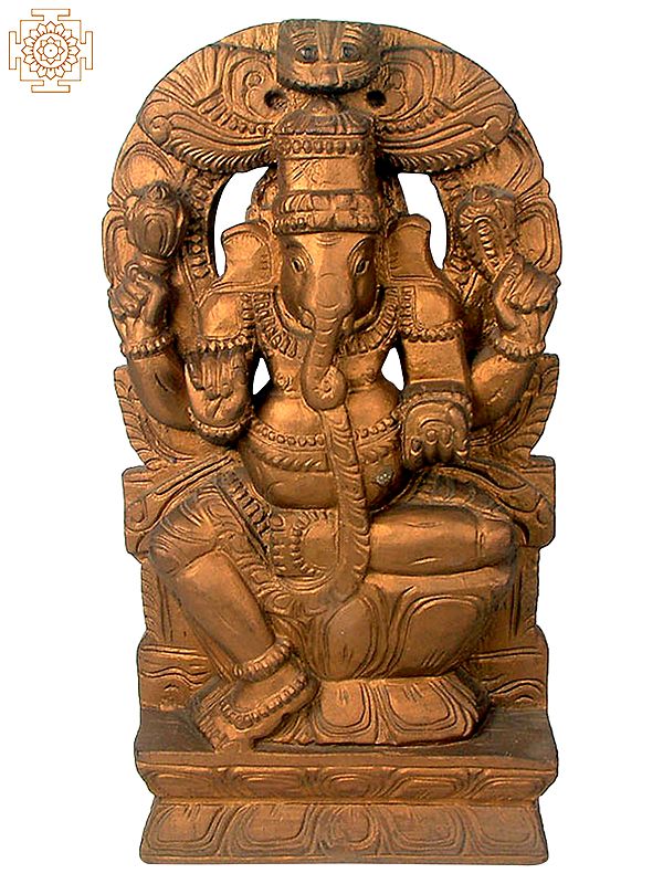 Kamalasana Chaturbhuja Ganesha Wooden Sculpture - Carved from South Indian Temple Wood