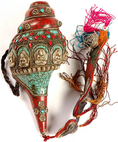 Five Dhyani Buddhas Conch with Gemstone Silk Tassel and Silk Brocade Hanging