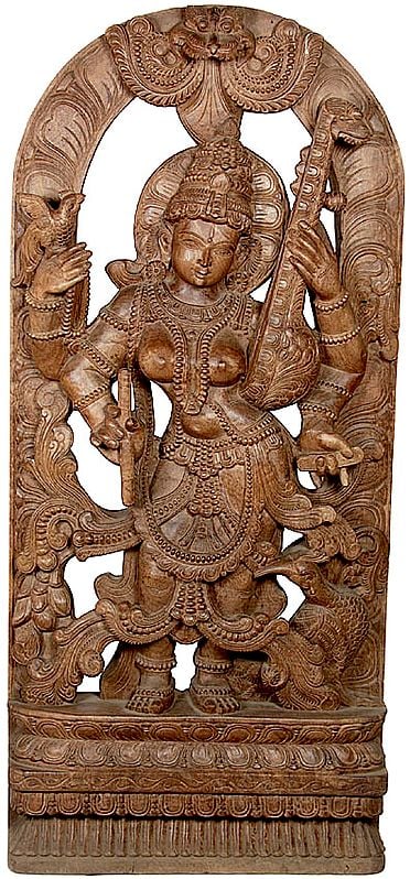 Four Armed Standing Saraswati with Peacock and Kirtimukha Atop