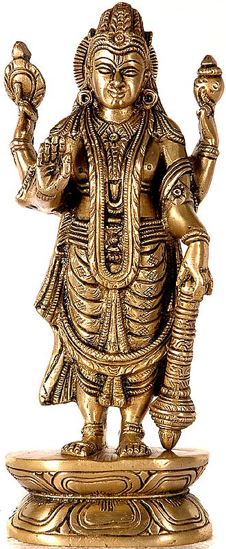 8" Four-Armed Standing Vishnu Sculpture in Brass | Handmade | Made in India
