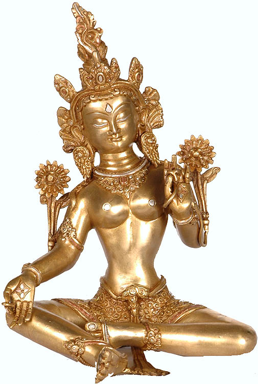 Tibetan Buddhist Deity- Goddess Green Tara (With Copper and Silver Inlay)