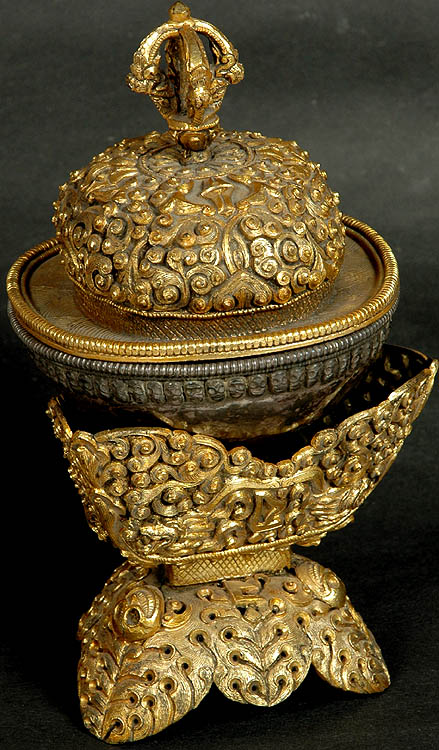 Gold Plated Skull Cup with Lid and Auspicious Cosmic Symbols