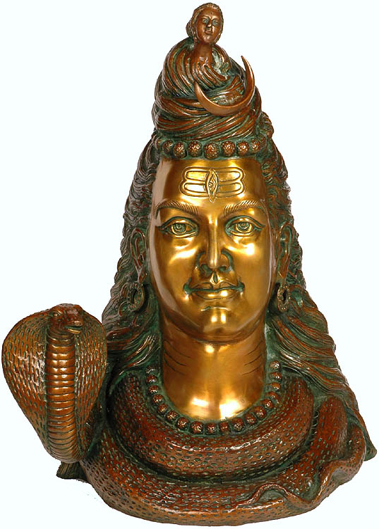 27" (Large Size) Head of Lord Shiva with Crescent Moon and River Ganga In Brass | Handmade | Made In India