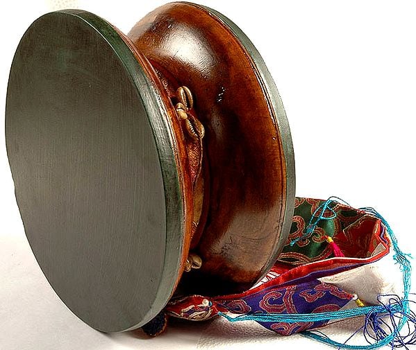 Himalayan Buddhist Ritual Damaru (Pellet Drum) with Silk Tassel, Scarf and Case