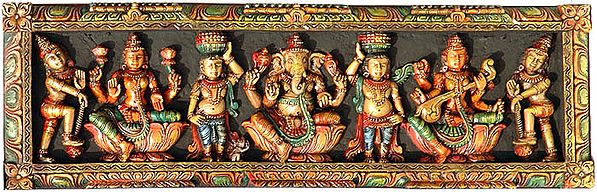 Lakshmi, Ganesha and Saraswati Panel with Dwarves and Doorkeepers