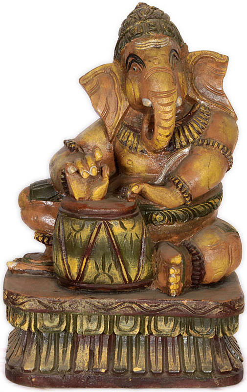 Wooden Lord Ganesha Statue Playing Musical Instrument