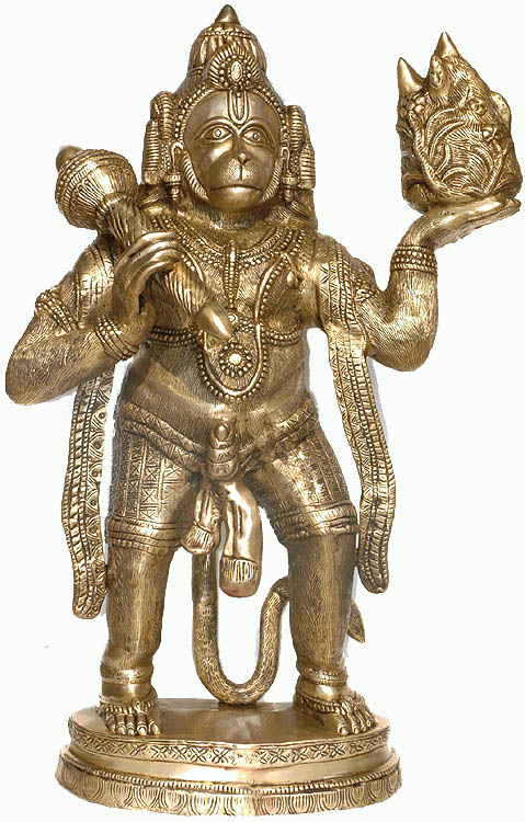 34" Large Size Hanuman Brass Idol Carrying Mountain Drone | Handmade Religious Figurine