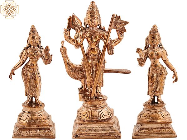 5" Small Bronze Lord Murugan Statue with Devasena and Valli