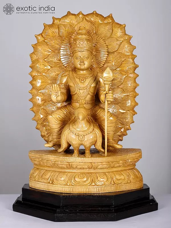 22" Lord Kartikeya Idol on Peacock | Murugan Wooden Statue