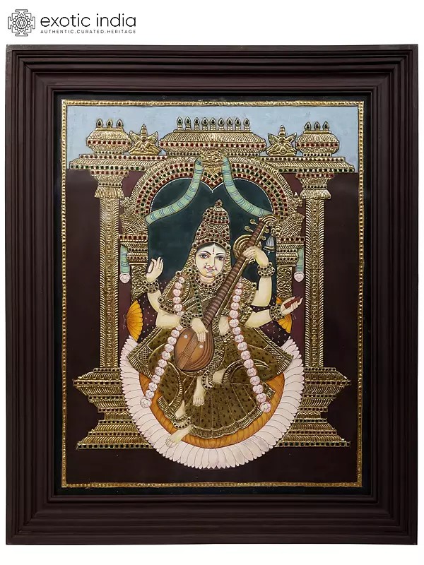 Large Goddess Saraswati Tanjore Painting | Traditional Colors With 24K Gold | Teakwood Frame | Handmade