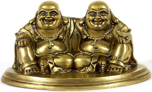 7" Pair of Laughing Buddhas Statue In Brass | Handmade | Made In India